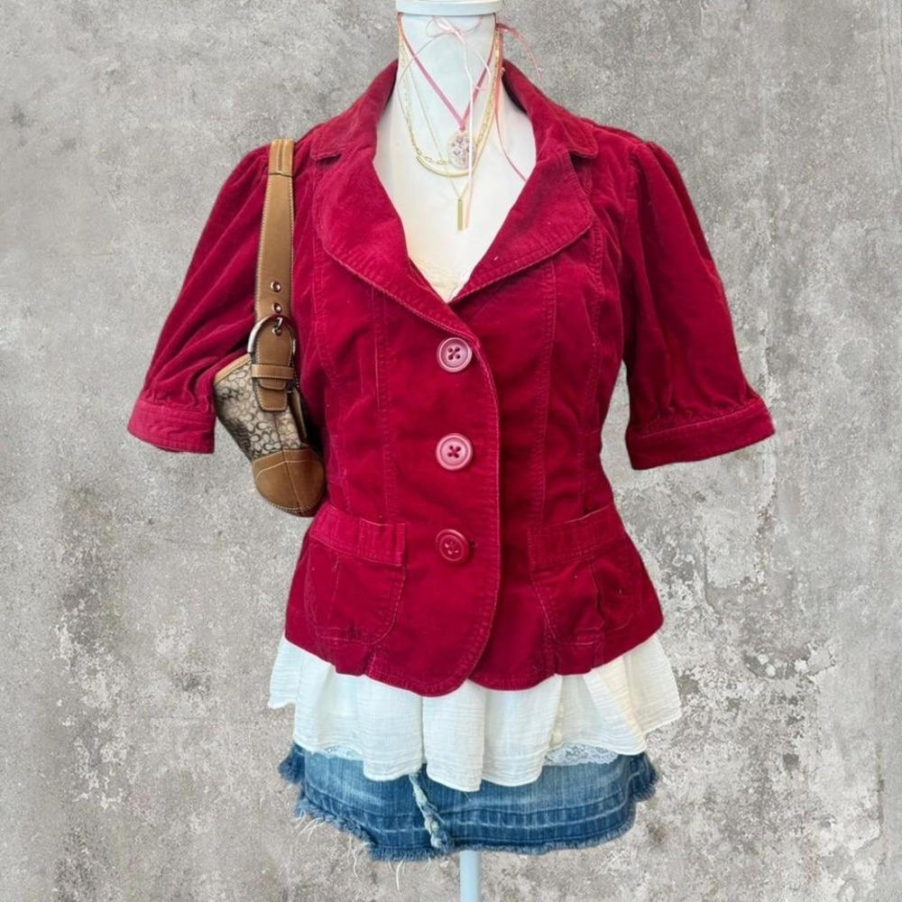 y2k basic corduroy fitted jacket with big red buttons